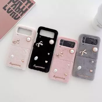Для Samsung Z Flip 4 Чехол Складной чехол для телефона с 3D жемчужным бантом для Samsung Z Flip 3 5g Zflip4 Зимний плюшевый противоударный жесткий чехол For Z Flip 2 чёрный