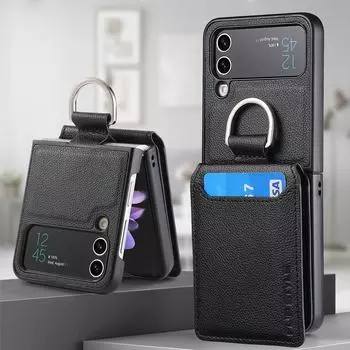 Для Samsung Z Flip 4 Zflip4 Антидетонационный кожаный чехол с кольцом на палец для Samsung Galaxy Z Flip 4 Flip4 5g Чехлы с карманами для карт for Samsung Z Flip 4 зелёный