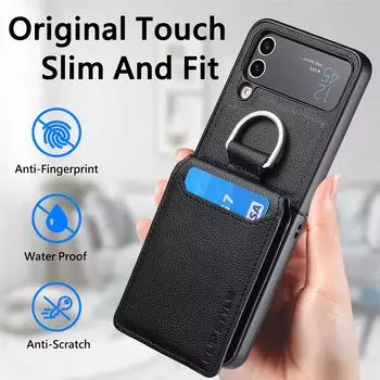 Для Samsung Z Flip 4 Zflip4 Противоскользящий кожаный чехол с кольцом на палец для Samsung Galaxy Z Flip 4 5g Flip4 Чехол-кошелек с держателем для карт for Samsung Z Flip 4 чёрный