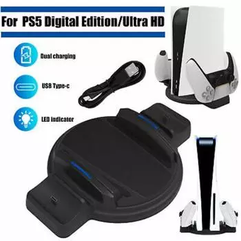 Для Sony PS5 DE/UHD Вертикальная подставка Двойной контроллер LED USB зарядная док-станция 23.1*6.9cm чёрный
