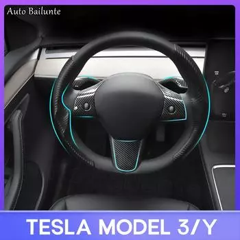 Для Tesla Model 3 Model Y 2023 2022 Аксессуары Наклейка из углеродного волокна Крышка рулевого колеса автомобиля Чехол для переключения передач 3PCS