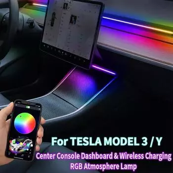 Для Tesla Model 3 Y салон автомобиля RGB неоновый свет светодиодная лента центральная консоль приборная панель беспроводная зарядка окружающая лампа управление через приложение 1 strip