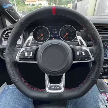 Для VW Golf 7 GTI Golf R MK7 Passat Polo Scirocco 2015 2016 автомобильный чехол на руль черная перфорированная кожа красная линия красная полоска