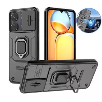 Для Xiaomi Poco C65 чехол Armor Slide Camera Lens Protection Phone Case для Poko Little C65 C 65 PocoC65 4G Ring Stand Back Cover For Poco C65 чёрный