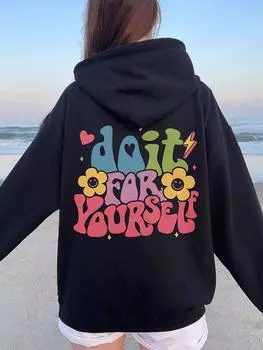 Do It For Yourself Letter Print Couple Cotton Long Sleeves Creativity Casual All-Math Hoodies Trend Pocket O-Neck Women Clothing S белый