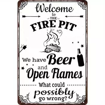Добро пожаловать на вывеску Fire Pit Sign Open Fire Backyard Outdoor Camping Fun Vintage Metal Sign Retro Home Cabin Outdoor Decor Fire Pit чёрный