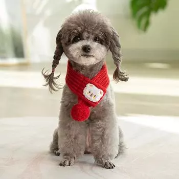 Dog Knitted Scarf Red Knit Scarves with Fuzzy Pompom Neck Warmer Bandana Xmas Holiday Winter Pet Puppy Cat Costume 35cm красный
