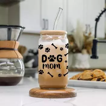 Dog Mom Pattern 16oz High Borosilicate Drinking Glass Cup With Lid&Straw Juice Coffee Cup Summer Winter Gifts For Dog Pet Owners 501-600ml