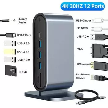 Док-станция 12 в 1 USB Type C HUB 4K HDMI-совместимый VGA RJ45 Lan Ethernet Устройство чтения карт SD/TF 100 Вт PD зарядка Разветвитель USB 3.0 для ноутбука