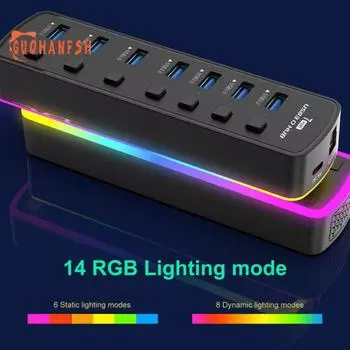 Док-станция для ноутбука USB 7 в 1, многопортовый USB 3.0, независимый переключатель, порт питания RGB, высокоскоростной адаптер USB-концентратора, компьютерные аксессуары чёрный