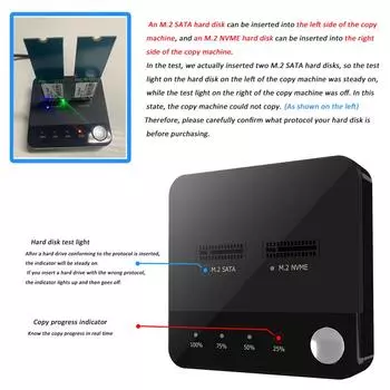 Док-станция для жесткого диска M.2 SATA/NVMe с двумя отсеками Клон Duplicaotr Автономный клон M.2 Cloner Передача данных со светодиодным индикатором чёрный