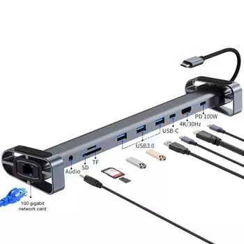 Док-станция USB 3, адаптер концентратора 10-в-1 с PD Ethernet, компактный дизайн, портативный