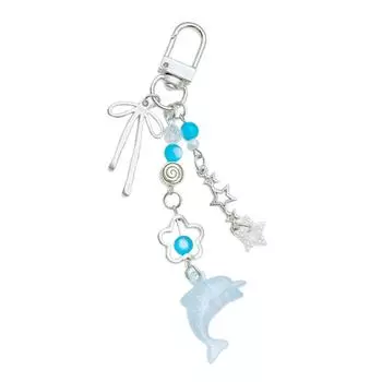 Dolphin and Heart/Bowknot Keychain Beaded Keyring Stylish Bag Phone Decoration Acrylic Decorative Bag Pendant for Her синий
