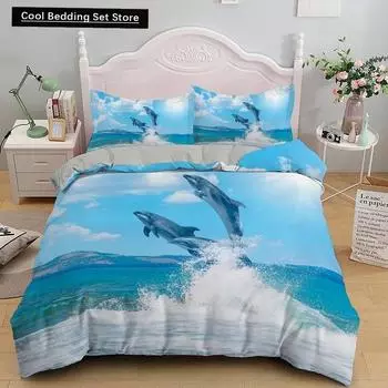 Пододеяльник Dolphin Ocean King Queen Милый 3D Постельный комплект с морскими животными для детей, подростков, взрослых Косяк рыб Синий 23 предмета EU Single 135x200cm