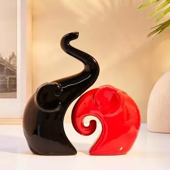Домашний декор Happy Charm Elephant Couple | Керамические фигурки с отделкой Piano Finish (Набор из 2 предметов, красный и черный)