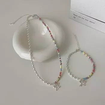 Dopamine Color Beaded Pearl Bow Necklace Bracelet Female Cute Exquisite Fashion Versatile Neck Chain Collarbone Chain