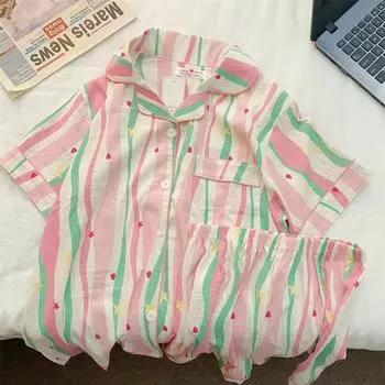 Dopamine Pajamas Set for Women Summer Room Wear Setup Pajamas Soft Pajama Sleepwear Women Loungwear Cotton Shorts Set Home Suits M