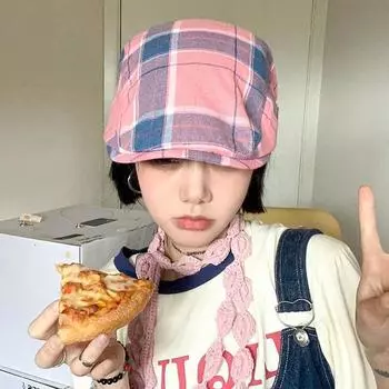 Dopamine Style Plaid Beret Hat Cotton Flat Peaked Cap Elegant Lattice Sun Hat Travel зелёный