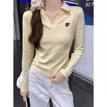 Dopamine yellow irregular design niche lapel long-sleeved T-shirt women s pleated waist autumn new top S