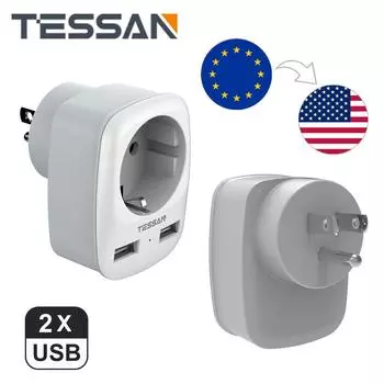 Дорожный адаптер TESSAN из ЕС в США, адаптер-розетка 3 в 1 с 2 портами USB, европейский дорожный адаптер типа B для США, Канады, Мексики 1 Outlet & 2 USB Ports серый