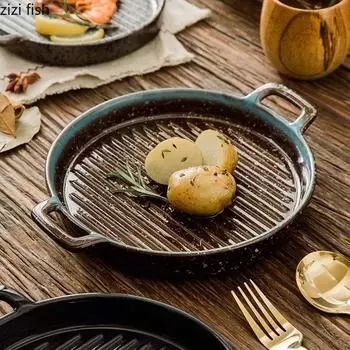 Double Ear Horizontal Texture Disc Ceramic Flat Plate Baking Plate Barbecue Plate Steak Plates Molecular Cooking Retro Tableware