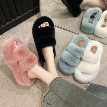 Double fluffy slippers for women to wear 2025 autumn new 7CM thick bottom Internet celebrity height increase one word cool slippers non-slip 34 чёрный