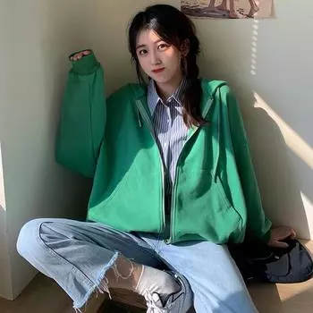 Double Hat Spring and Autumn Loose Zipper Long Sleeve Cardigan Jacket for Women Korean Solid Color Hooded Sweatshirt for Women One size