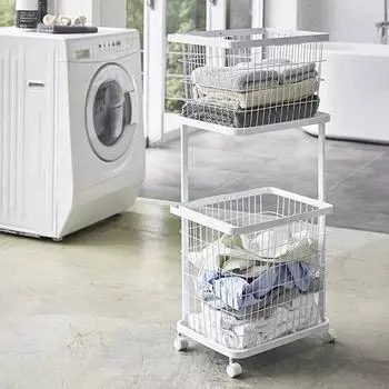 Double Layer Cloth Storage Baskets Rack Bathroom Floor Stand Clothing Storage Sundries Iron Laundry Storage Basket with Wheel чёрный