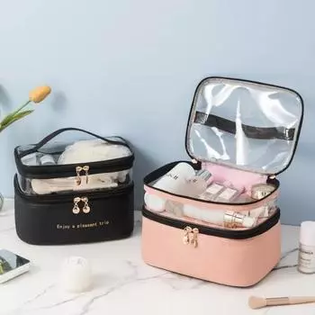 Double-Layer Cosmetic Bag Solid Color Pu Transparent Wash Portable Ins Fashion Waterproof Travel Portable LargeStorage Bag белый
