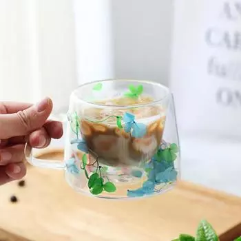 Double-layer Double-layer Glass Cups with Handle Beverages Storage New Latte Cup Home Green-6