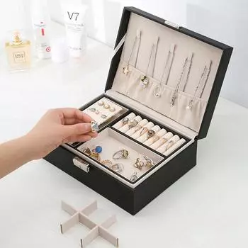 Double-Layer Earrings Ring Necklace Storage Box PU Leather Jewelry Storage Organizer Portable Travel Jewelry Storage белый