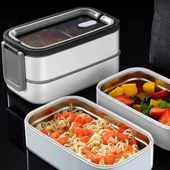 Double-layer Stainless Steel Insulated Lunch Box with Thermal Bag Compartment Portable Bento Lunchbox Food Storage Containers белый