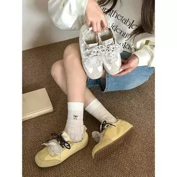 Double shoelace leather cloth surface breathable soft sole sports and leisure shoes women s new thin inner height increase 35 жёлтый
