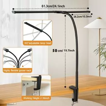 Double/Single Head LED Desk Lamp Dimmable Clip On USB Reading Table Light 3 Lighting Modes Flexible Study Table Lamp