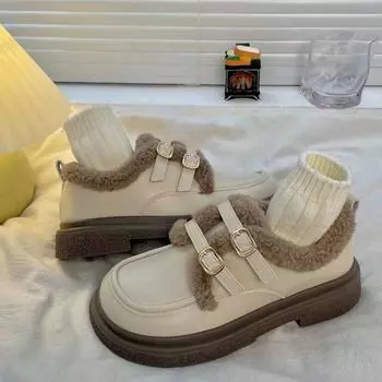 Doudou shoes winter piled thickened warm cotton shoes women s new hair shoes women wear Internet celebrities high value small leather shoes 35 чёрный