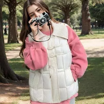 Down cotton vest new wool collar women s fashion short versatile outer wear vest foreign style loose vest M