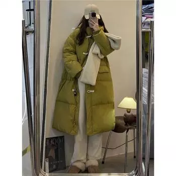 Down jacket women s medium and long 2024 new Korean version over knee horn buckle loose versatile thickened hooded winter coat S чёрный