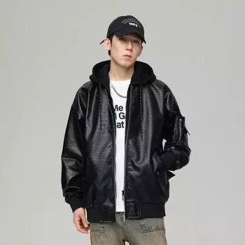 Dragon Scale Leather Jacket Men s New Fashion Brand Autumn New Korean Fashion Casual Fake Two-piece Combination of Hooded Jacket M