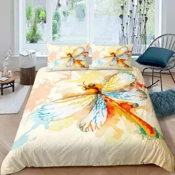 Dragonfly Duvet Cover Set King Queen Full Size Polyester Comforter Cover Watercolour Style For Kids Teens Adults With Pillowcase EU single(135x200cm)