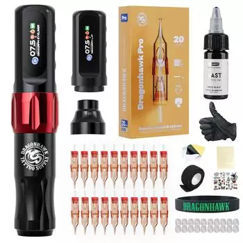 Dragonhawk Atom2 Professional Tattoo Kit, беспроводной набор для роторной машинки с ручкой, 2 аккумуляторами и 20 картриджами для начинающих и мастеров татуировки