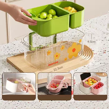 Drain Basket Fruit Strainer Colander Double Layer Container Food Storage Fruits Vegetable Washing зелёный