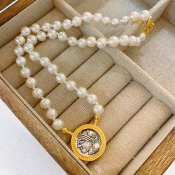 Древняя монета серии Victory Muse Knotted Pearl Регулируемое ожерелье Женская цепочка на шею Французский ретро Универсальный Двусторонний носимый