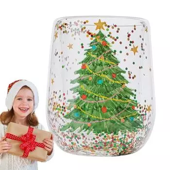 Drinking Glass Cups Christmas Double Wall Heat Resistant Drinking Coffee Mug Clear Glass Coffee Mugs for Tea Coffee Latte 350ML