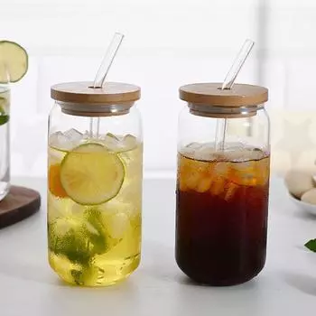 Стаканы для питья с бамбуковыми крышками и стеклянными трубочками в форме банок из стекла Пивные бокалы Стакан для холодного кофе 301-400ml