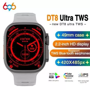 Dt8 Ultra Tws Женщины Мужчины 2.2 Умные часы Blue Tooth Звонки Звук Запись Часы Компас Голосовой помощник Mt3 Nfc Умные часы