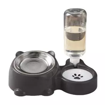 Dual Compartment Elevated Pet Feeder With Removable Stainless Steel Bowl And Automatic Water Dispenser For Cats Medium Dogs темно серый