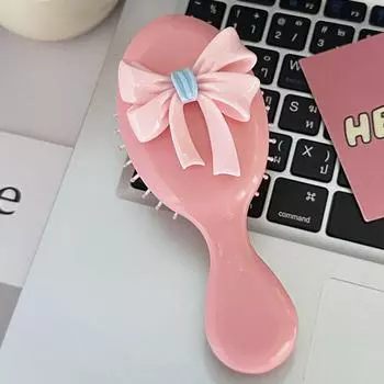 Durable Pink Round Folding Comb with Mirror Anti Static Bow Decor Handle Comb Cartoon Compact Pocket Hair Brush Girl