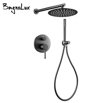 Душевой гарнитур для ванной Bagnolux Gun Gray с латунной головкой Rianfall Luxury Combo, настенный смеситель с переключателем для горячей и холодной воды, кран для ванной комнаты 8 inch чёрный