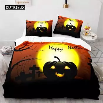 Duvet Cover Halloween Bedding Set Pumpkin Polyester Cartoon Horror Festival Bat Comforter Cover Twin for Kid Adult Gift Bedroom EU single(135x200cm)