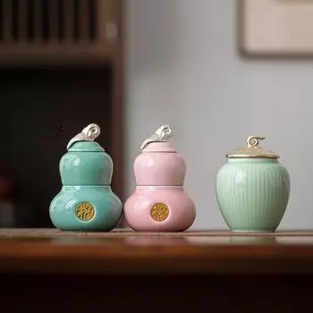 Двойная банка для чая из тыквы с цветком селадон, бытовая керамическая герметичная влагостойкая банка, переносная, дорожная, небольшая банка для чая